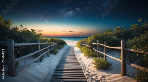 Fenced path to white sand beach at night from Generative AI