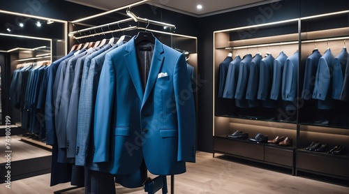 Luxury men clothing blue suit on hanger at high end fashion store boutique from Generative AI