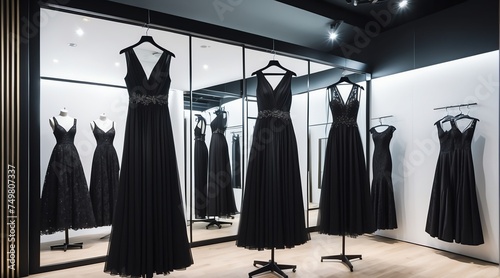 Luxury women clothing sexy black dress on hanger at high end fashion store boutique from Generative AI