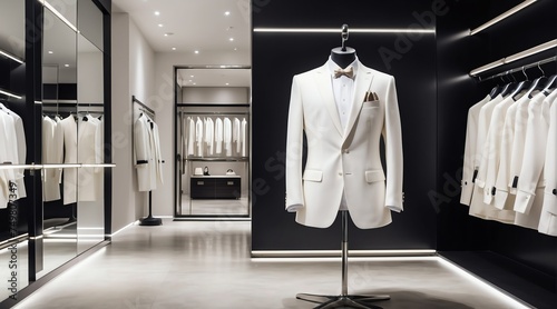 Luxury men clothing white suit on hanger at high end fashion store boutique from Generative AI © Arceli