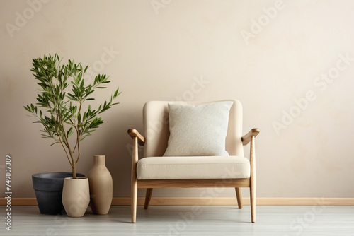 Beige and Scandinavian-inspired living room, highlighting a chair, plant, and space for personalized text.