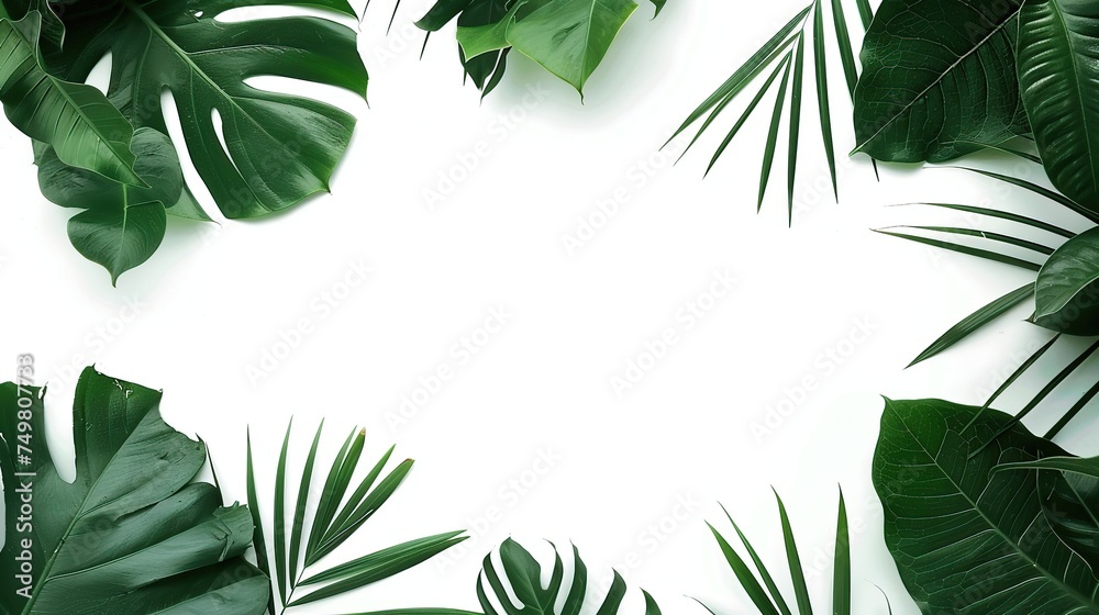 Green tropical leaves frame on white background