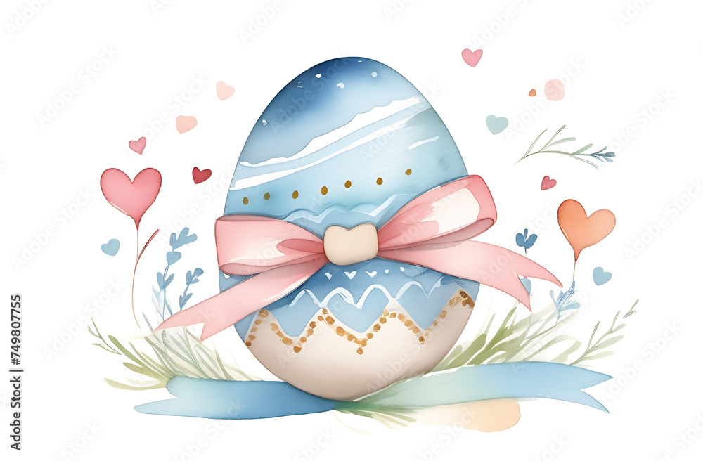 One Easter egg tied with a pink bow in watercolor painting technique, isolated on a white background, pastel color scheme One Easter egg tied with a pink bow in watercolor painting technique, isolated on a white background, pastel color scheme