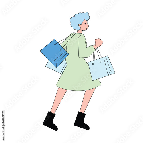 People carrying shopping bags collection. Happy men and women taking part in seasonal sale at store, shop, mall and online.