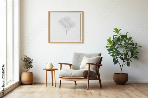 A Scandinavian-inspired living room featuring a minimalistic wooden chair accompanied by a vibrant potted plant  with a vacant frame perfect for copy text.