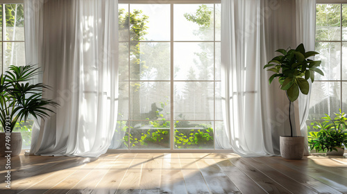 Glass window with white curtains silk fabric