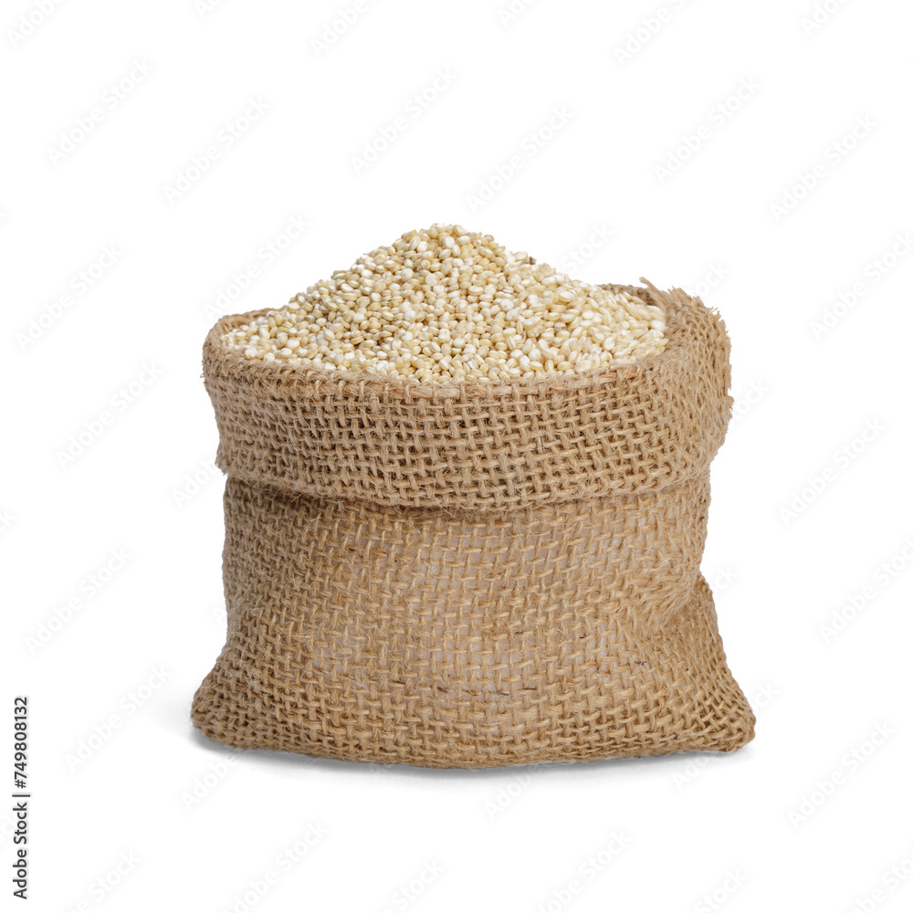 Quinoa seeds in the cloth sack, Healthy food habits and concept of balanced diet, PNG transparency with shadow