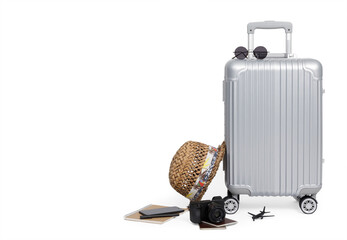 Travel Baggage with passport, camera, hat, airplane toy and smartphone isolated with copy space, Travel concept background, PNG transparency with shadow