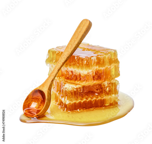 Honeycomb with honey spoon isolated, Organic product from the nature for healthy with traditional style, PNG transparency