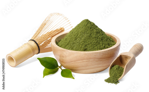 Matcha green tea powder with Japanese wire whisk isolated, Organic product from the nature for healthy with traditional style, PNG transparency with shadow