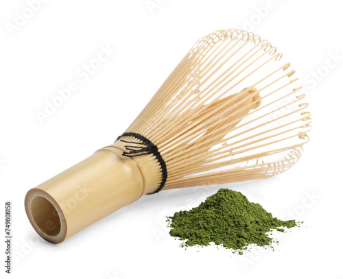 Matcha green tea powder with Japanese wire whisk isolated, Organic product from the nature for healthy with traditional style, PNG transparency with shadow
