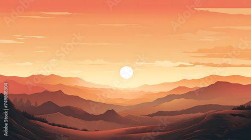 A vector graphic of a sunset over rolling hills.