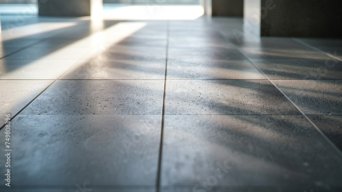 A close-up shot of a minimalist floor design with polished concrete tiles in a soft dove gray hue, featuring subtle texture and a smooth finish that adds sophistication to the modern interior space.