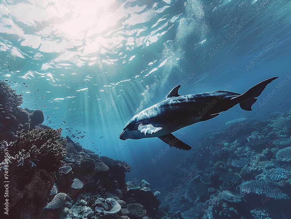 Fototapeta premium Experimental documentary using AI to visualize marine life conservation funded through innovative financial tools