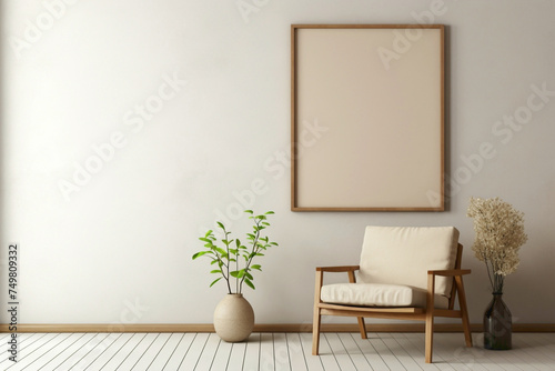A serene beige interior featuring a solitary chair, wooden accents, and a blank frame ready for personalized text.