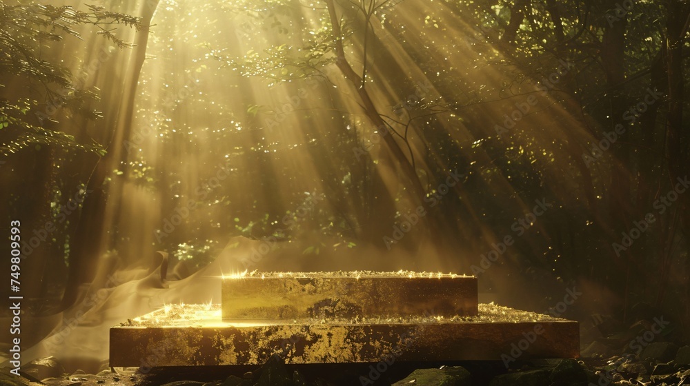 A golden podium in a forest glade where beams of light filter through the canopy turning everything they touch into gold - obrazy, fototapety, plakaty 