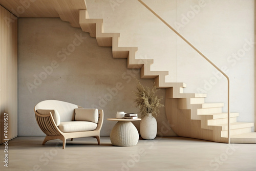 Minimalist beige stairs in a Scandinavian home  where each step resonates with the purity of design and the warmth of natural tones.