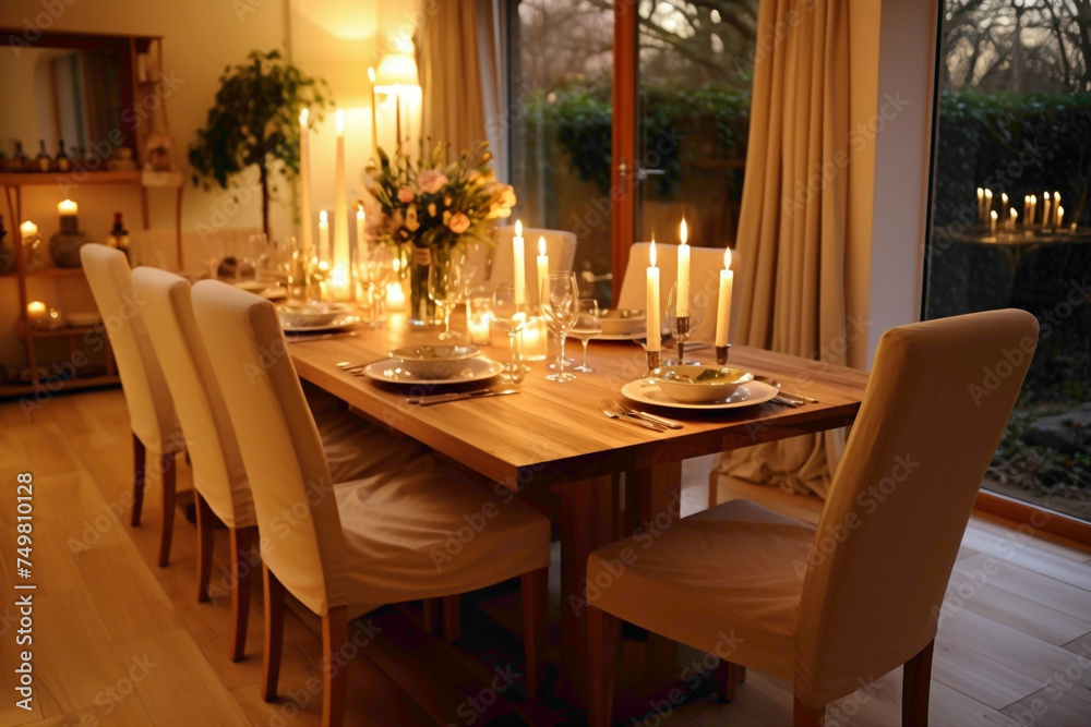 Cozy dining room with beige chairs and a natural wood table set for a candlelit dinner. Warm light fills the space, creating a romantic atmosphere.