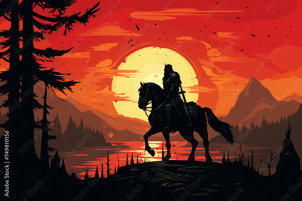 flat silhouette illustration of a knight in armor against the background of a battlefield