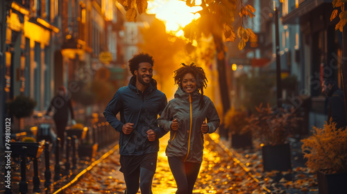 Urban Fitness Duo: Couple Morning Jog Along the City Streets. © Graphics.Parasite