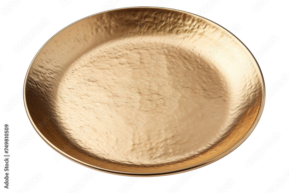 Gold Plate. A shiny gold plate is placed on a clean white background the plate gleaming in the light. The smooth surface of the plate reflects the creating a simple yet elegant composition.