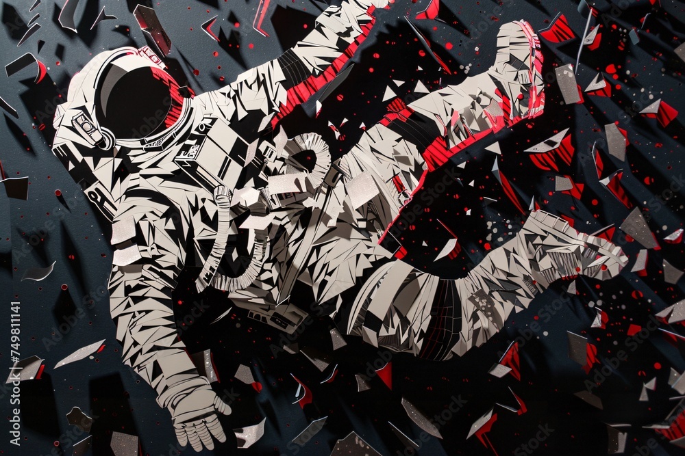 A striking papercut scene of an astronaut floating in space composed of bold black and white contrasts with vibrant red highlights and deep blue starry backdrop