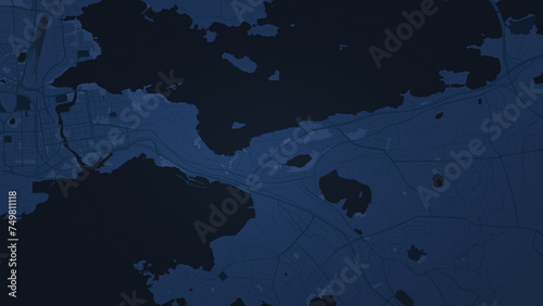 Illustrative map of a fictional city in blue tones. Abstract dark city map background.