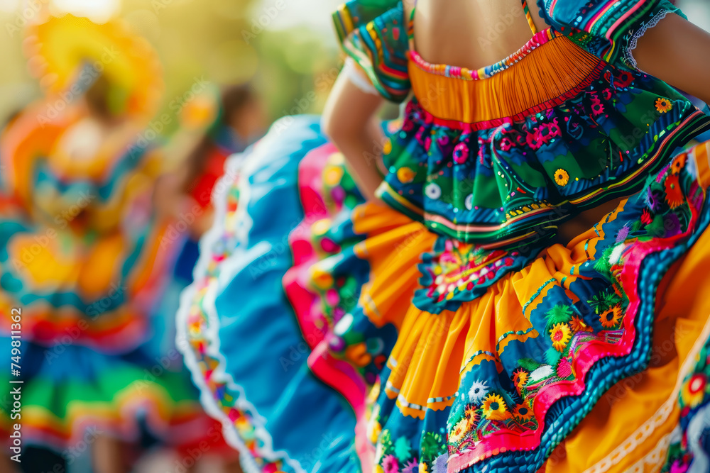 Blurred background of dancers wearing vibrant, traditional Mexican dresses with intricate floral embroidery, captured in dynamic motion.