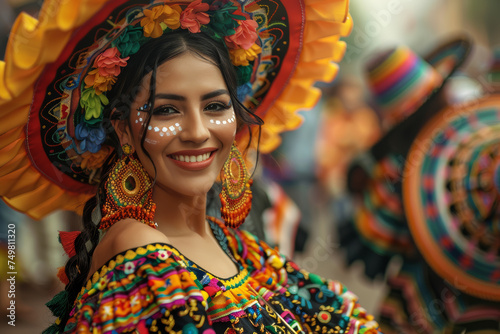Smiling Woman in Traditional Mexican Dress and Headdress with Sombrero, Ethnic Culture Fiesta © Tonton54