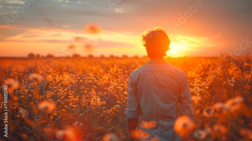 Solitude Amidst Blossoms  A Young Man Contemplative Moment in a Floral Farm