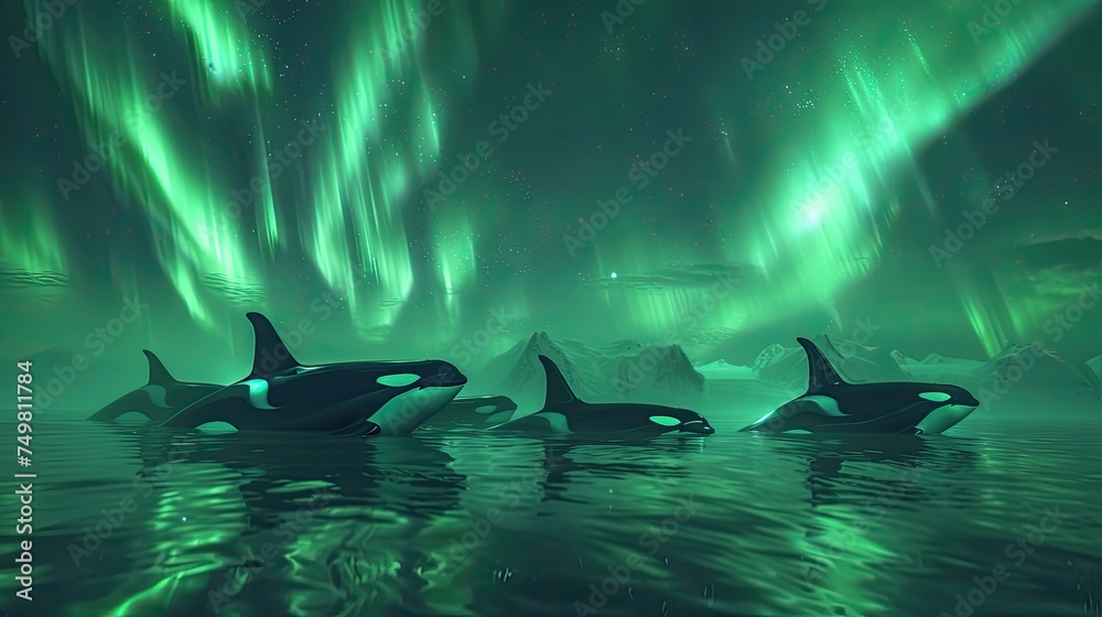 Pod of orcas swimming peacefully in arctic waters under the mesmerizing green hues of the Northern Lights.
