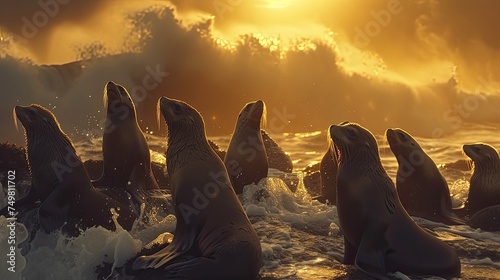 As the golden hues of sunset bathe the rocky shore, a charming group of sea lions basks in its warmth, accompanied by the rhythmic splashes of waves crashing nearby. © HappyFarmDesign