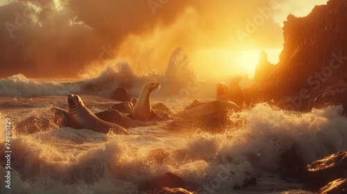 Against the backdrop of a radiant sunset, a delightful gathering of sea lions luxuriates on the rocky shoreline, enveloped by the playful splashes of the surrounding waves. © HappyFarmDesign