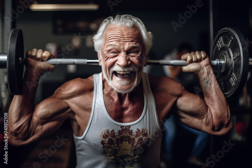 Old athle, Fitness man at workout. Elderly pensioner old man smiling in gym. 60-70 Year Old Bodybuilder. Old bodybuilder grandfather in gym. Pensioner with smile lifts weight in sports club.