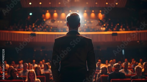 Business Executive Speaking to a Large Audience at an Auditorium