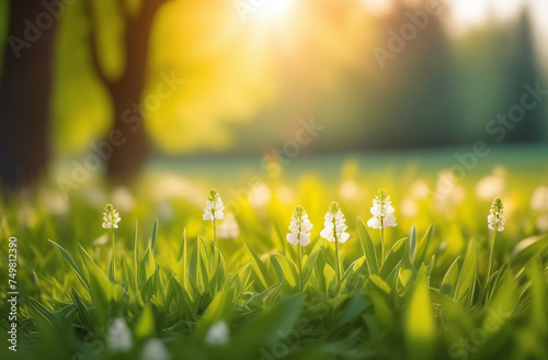 White meadow flowers on the panorama under the rays of the morning sun  Spring and summer nature in soft green and yellow light