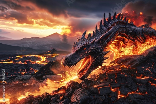 Mythical dragon breathing fire over a fierce volcanic landscape