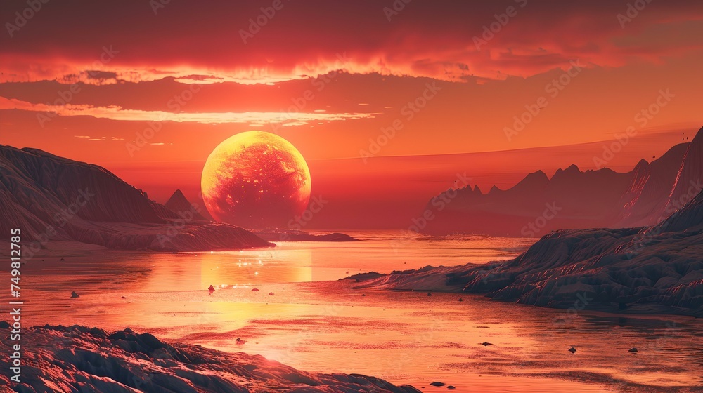 Obraz premium Dramatic sunset over icy landscape with majestic large sun. surreal scenery, digital artwork. sci-fi or fantasy setting. AI