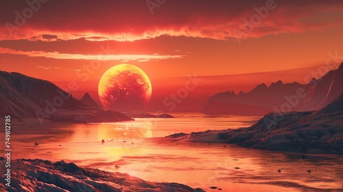 Dramatic sunset over icy landscape with majestic large sun. surreal scenery, digital artwork. sci-fi or fantasy setting. AI photo