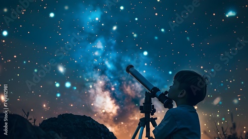 Child Stargazing with Telescope in Awe of the Night Sky