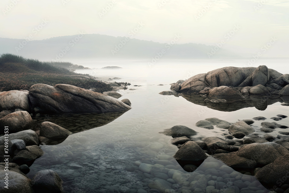 Landscape illustration of foggy lake with mountains in background