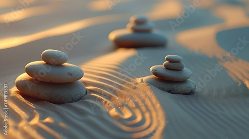 Peaceful zen stones on rippled sand at sunset  meditation and spa concept  soft focus and warm light. AI