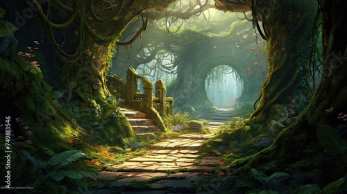 Fantasy landscape illustration of old ruins in forest with arches and passages through the buildings and foliage