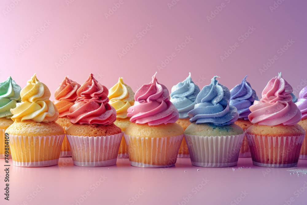 Tasty rainbow cupcakes on color background