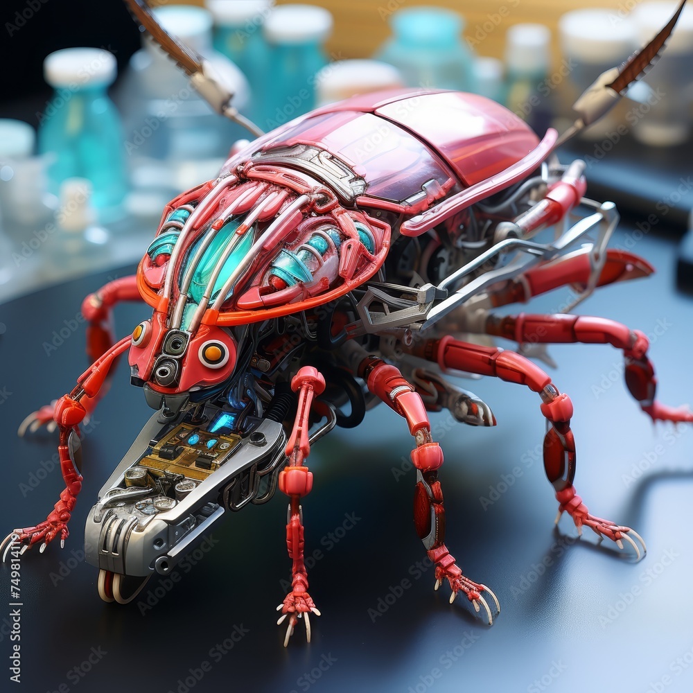 A cute robotic cockroach with medical tools aiding in futuristic healthcare scenarios vibrant colors
