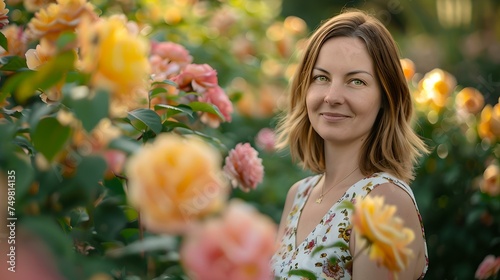 Joyful woman smiling amongst lush roses. casual style, summer garden portrait. beauty in nature theme. contentment and relaxation outdoors. AI