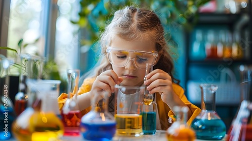 Excited Girl Conducting Colorful Chemistry Experiment in Laboratory
