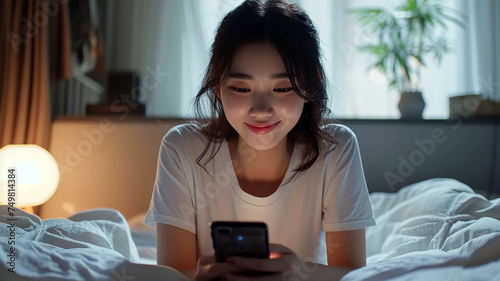 Young women lying down while using a smartphone. Asian woman sleeping on her stomach while looking at her cellphone. Scrolling social media before sleep. Generative AI