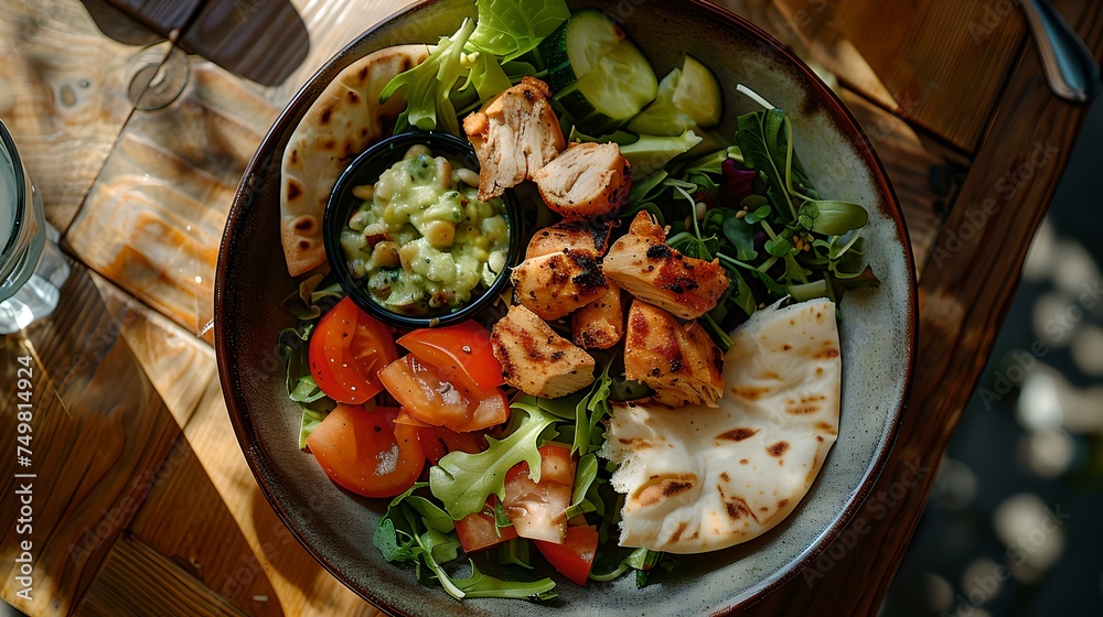Healthy grilled chicken salad meal on rustic wooden table. wholesome balanced diet concept. casual dining restaurant atmosphere captured. AI Healthy grilled chicken salad meal on rustic wooden table. wholesome balanced diet concept. casual dining restaurant atmosphere captured. AI