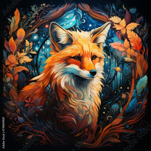 Enter a world of enchantment where the silhouette of a fox becomes one with a dazzling array of surreal patterns and vibrant colors, forming an abstract composition that sparks the imagination.